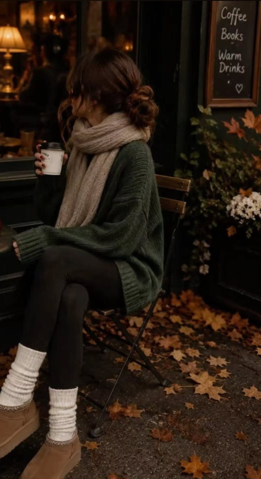 Woman in green knit sweater and beige scarf sitting among autumn leaves.