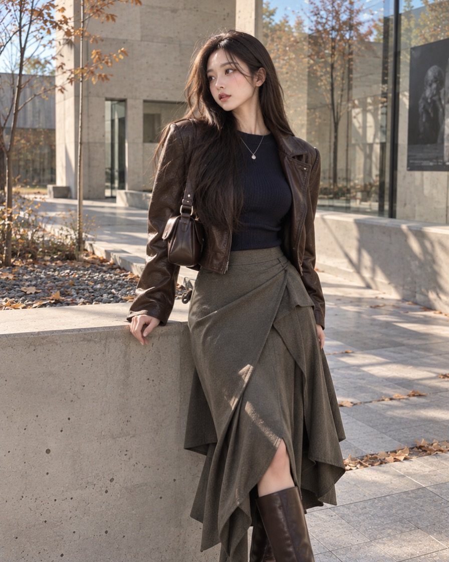 Woman wearing a brown leather jacket and olive green draped midi skirt outdoors.