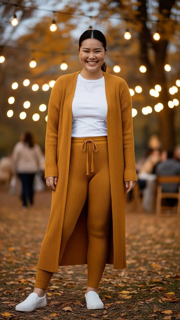 Woman in a long mustard-yellow ribbed cardigan and matching leggings standing outdoors.