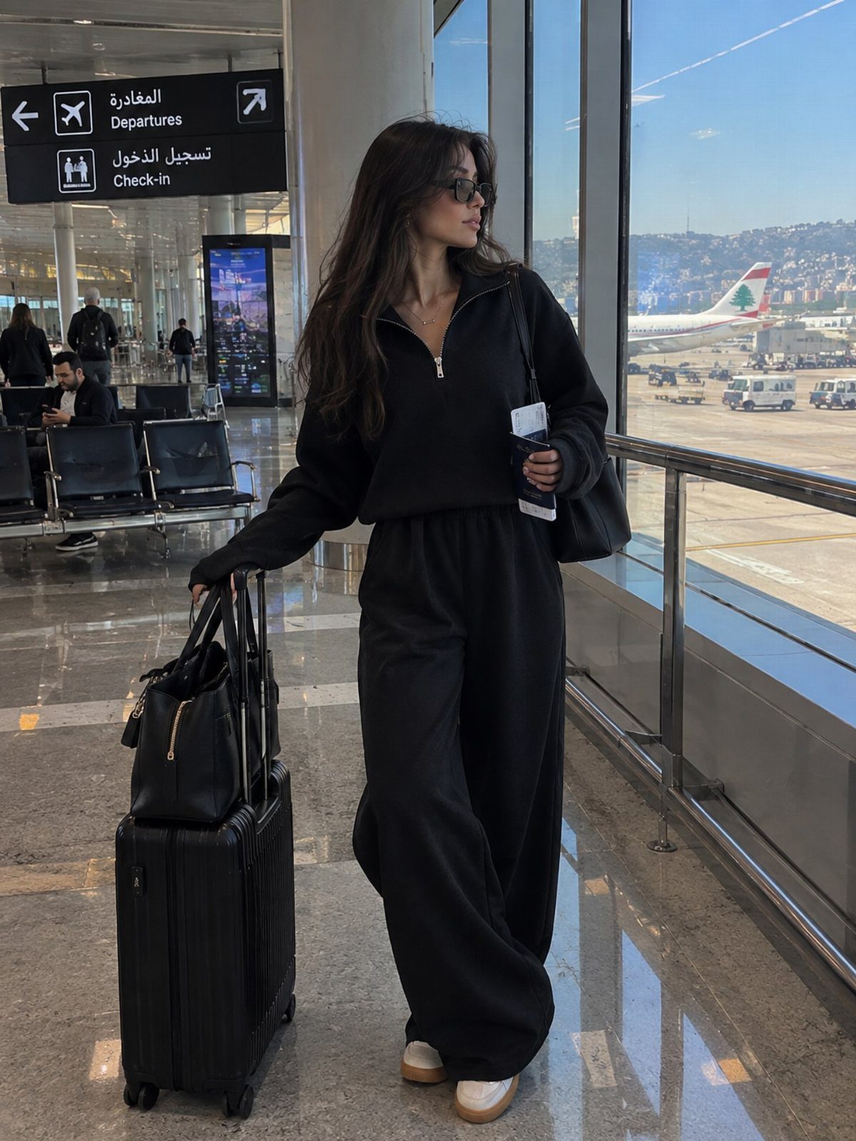 Cute Travel Outfits: 7 Ideas That Balance Style and Comfort 4 Woman in an all-black monochrome outfit standing in an airport terminal with luggage.