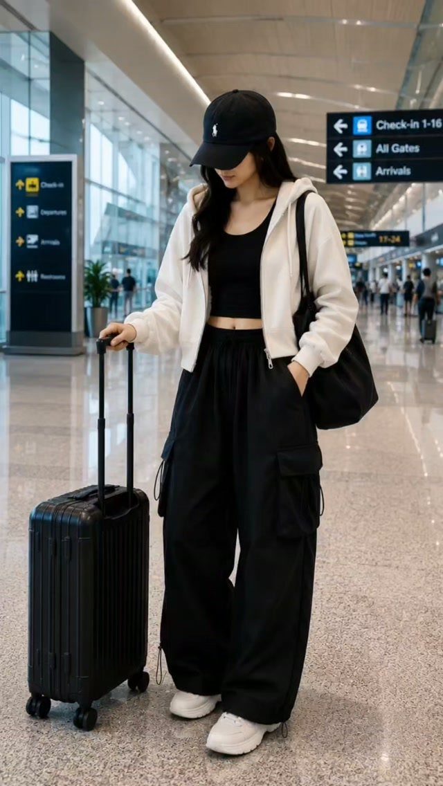 Cute Travel Outfits: 7 Ideas That Balance Style and Comfort 7 Woman in a white hoodie and black cargo pants standing with a suitcase in an airport.