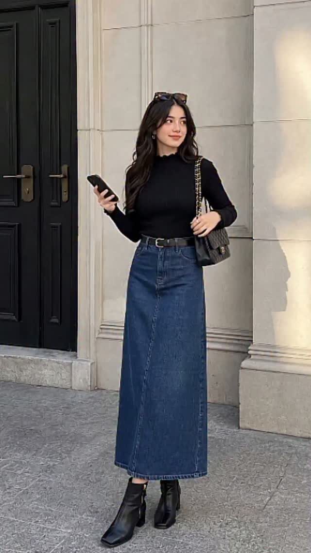 Denim Skirt Outfits: 19 Ways to Style Them This Season 8 Woman in black turtleneck and long blue denim maxi skirt with black boots.