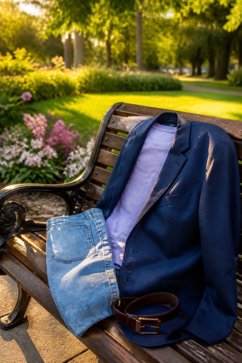 Navy blazer draped over a bench with jeans and a lavender tee.
