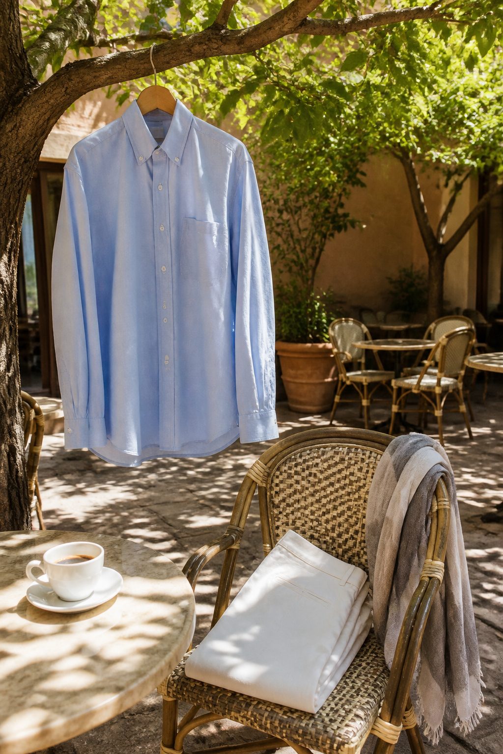 A blue button-up shirt hanging from a branch above white trousers.
