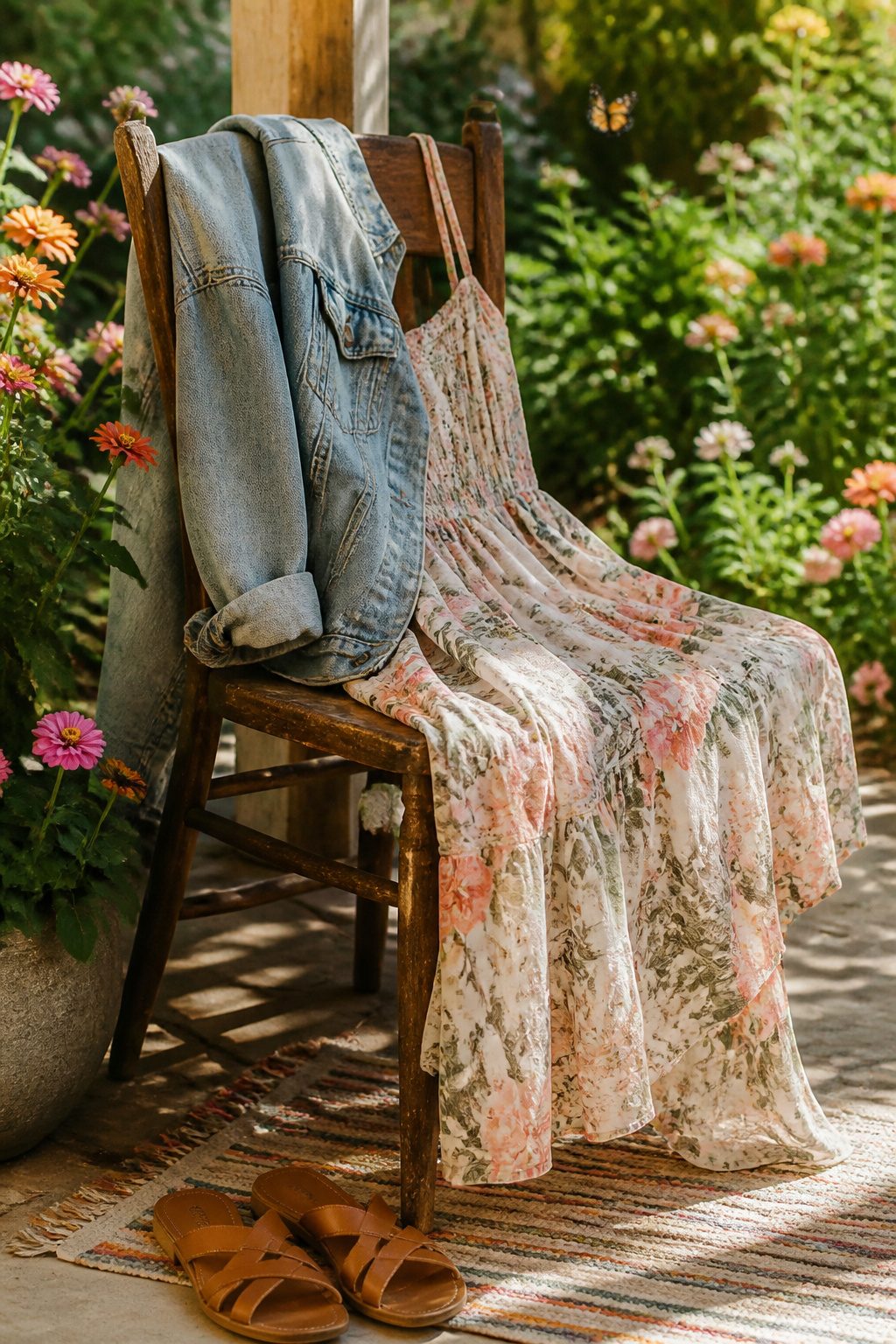Light stone wash denim jacket on a chair near a sundress.