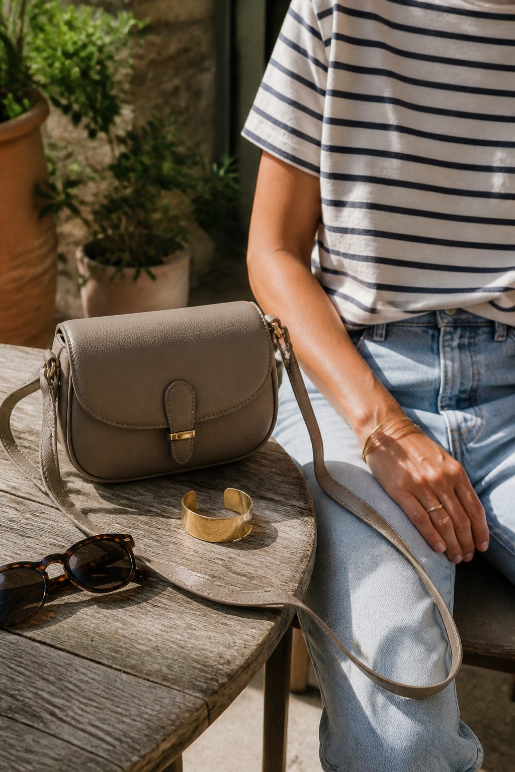 Leather crossbody bag and gold cuff bracelet on a patio table.