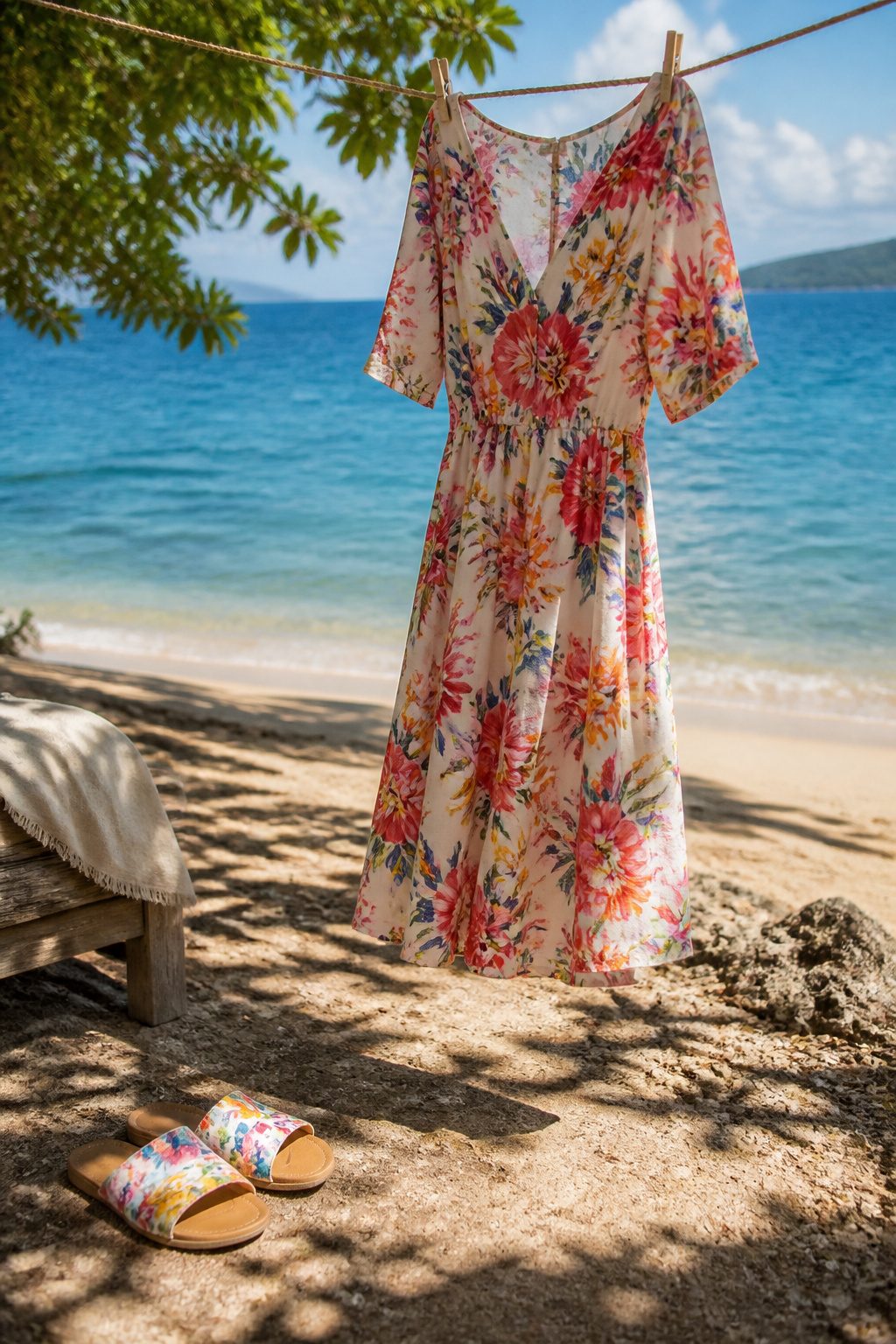 Floral midi dress hanging on a clothesline near a beach.