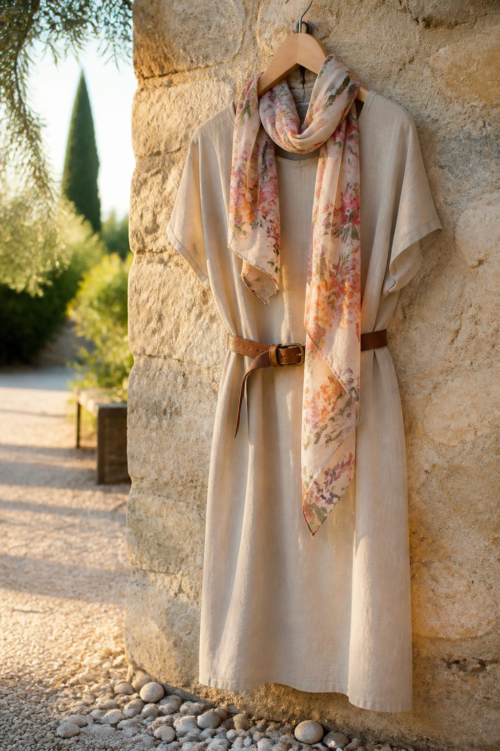 Floral silk scarf draped over a shift dress with a leather belt.