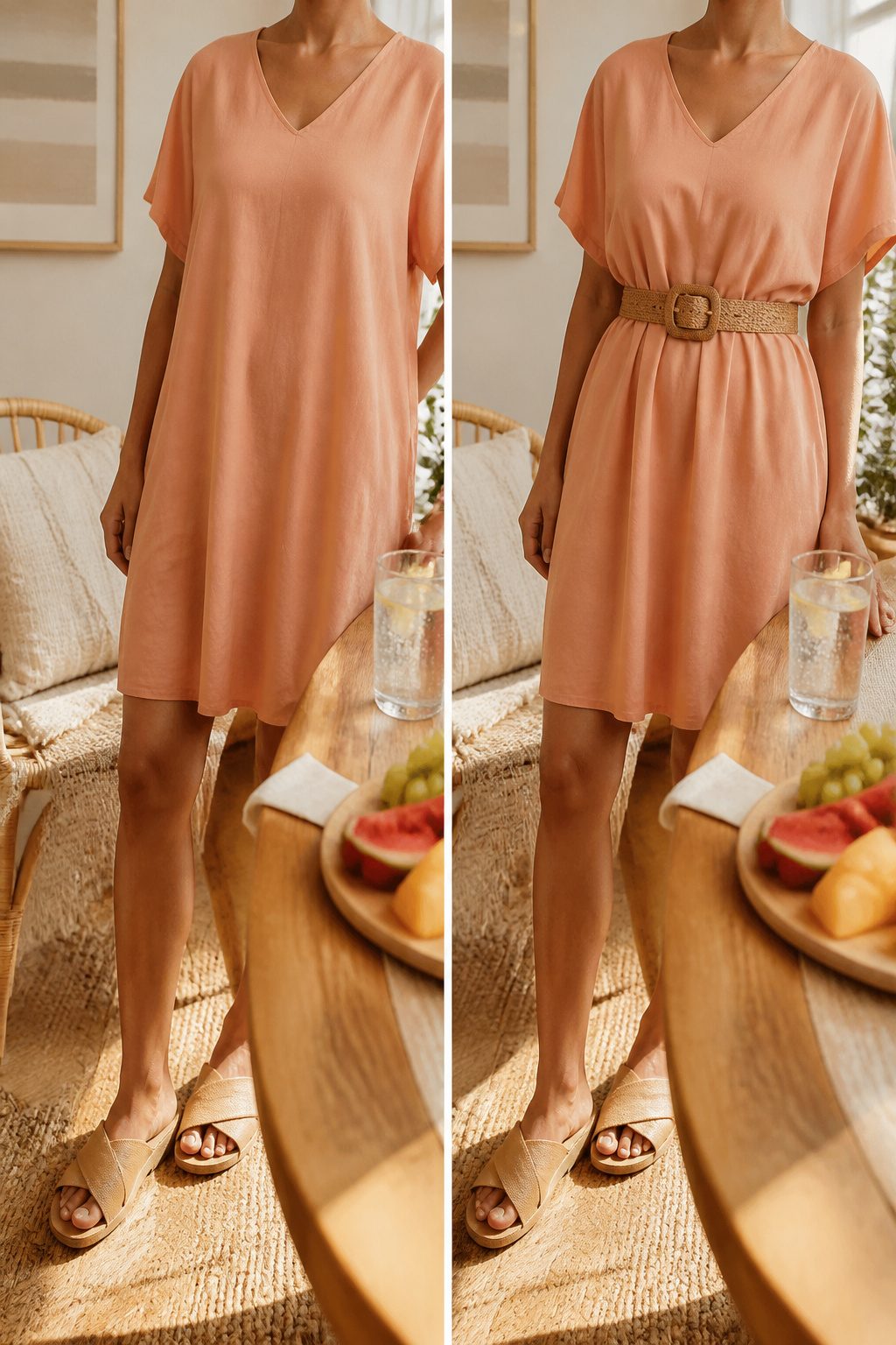 Belt cinching a loose dress on a model showing body shape.