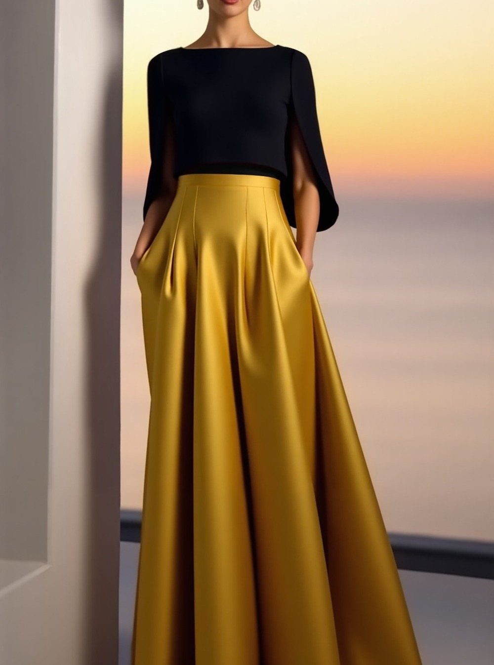 Woman wearing a black top and long gold satin evening skirt at sunset.