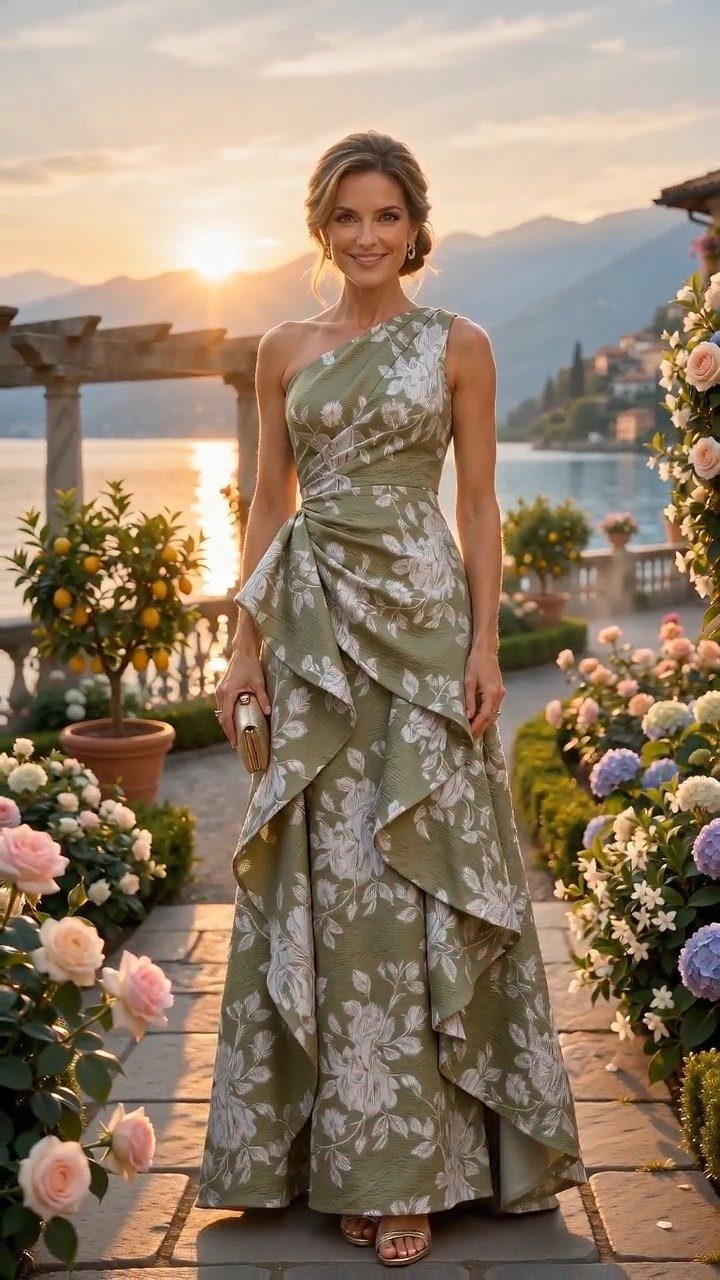 Woman in a one-shoulder sage green floral gown standing on a scenic lakeside patio.