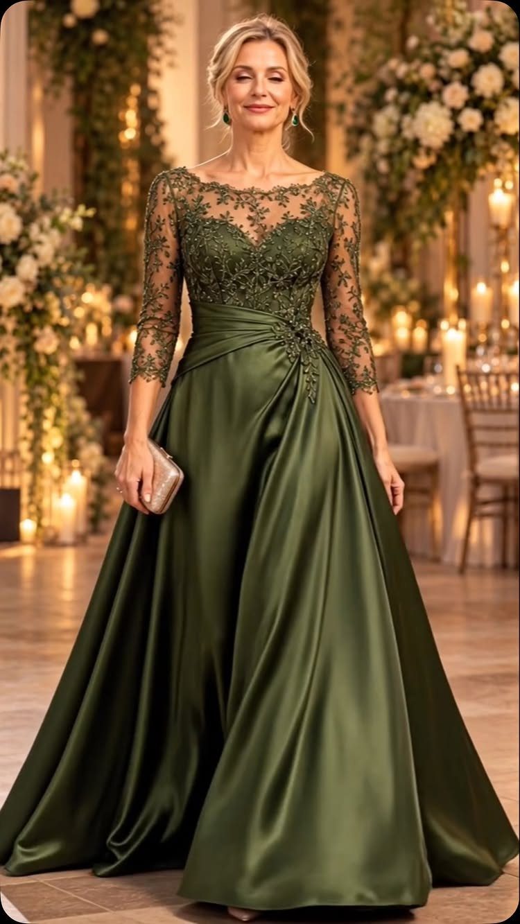 Mature woman wearing a formal dark green satin and lace evening gown.