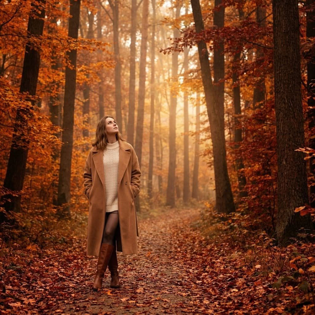 Woman wearing a tan trench coat and brown knee-high boots in autumn forest.