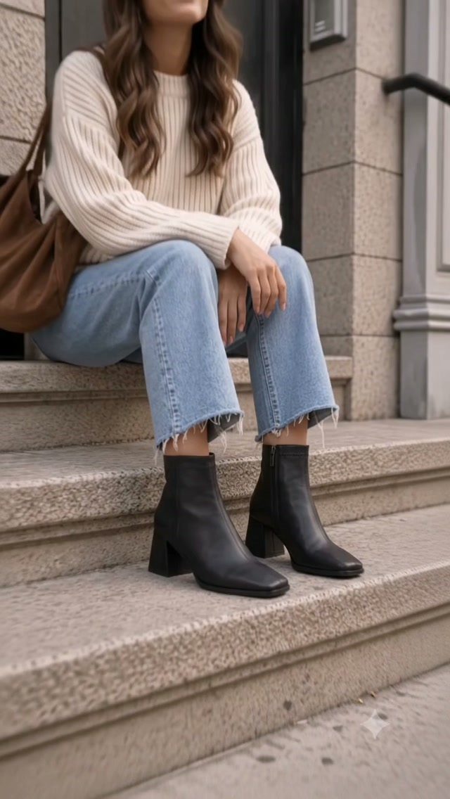 Black leather ankle boots paired with light-wash wide-leg jeans and a cream sweater.