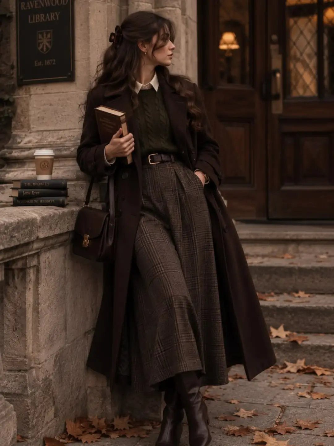 Woman in a long chocolate brown coat and plaid skirt standing outdoors in autumn.