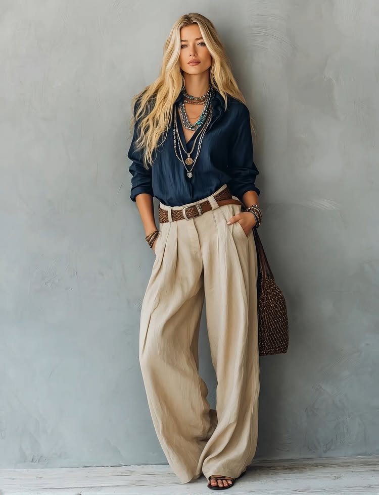 Woman wearing a navy blue shirt and wide-leg beige trousers with layered jewelry.