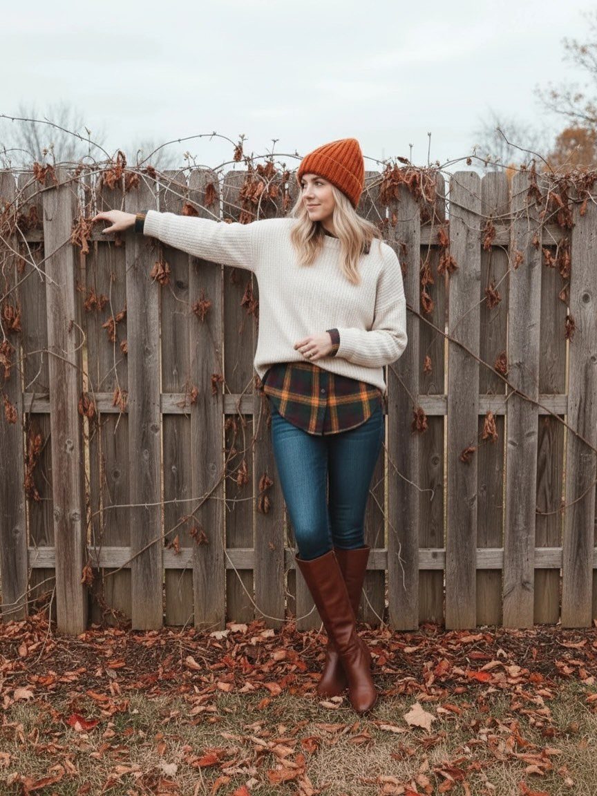 Woman in orange beanie, cream sweater, and brown boots standing by a wooden fence.