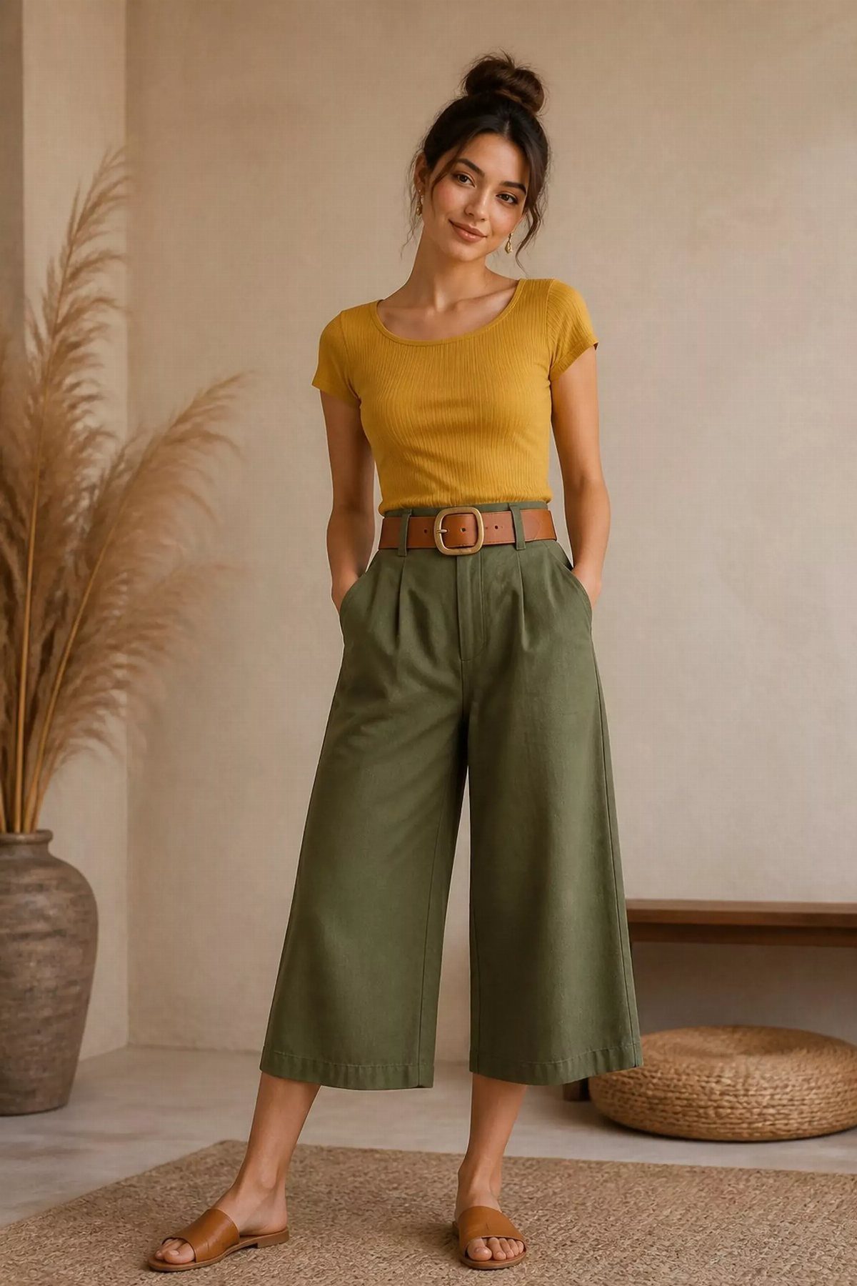 Woman wearing yellow top and olive green cropped wide-leg trousers with brown belt.
