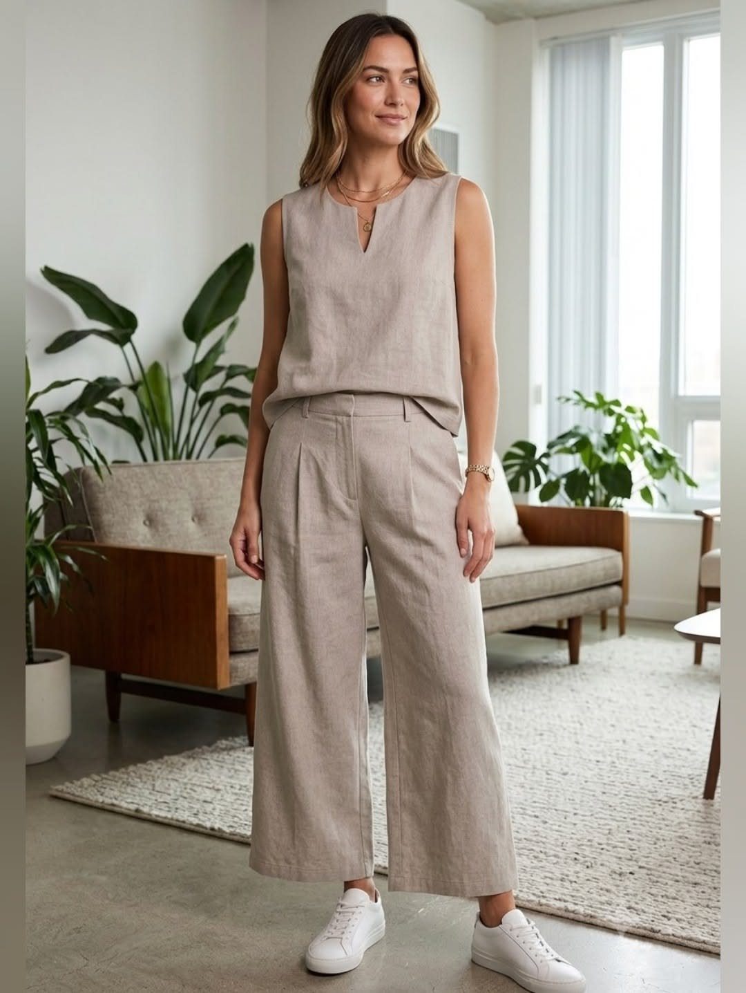 Woman wearing a matching beige sleeveless top and wide-leg trousers with white sneakers.