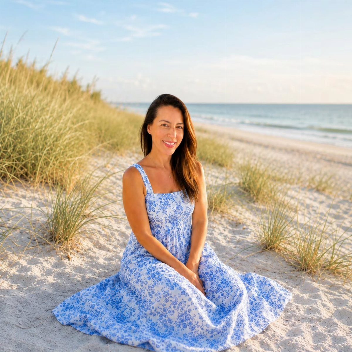 Woman in a blue floral maxi dress sitting on a sandy beach