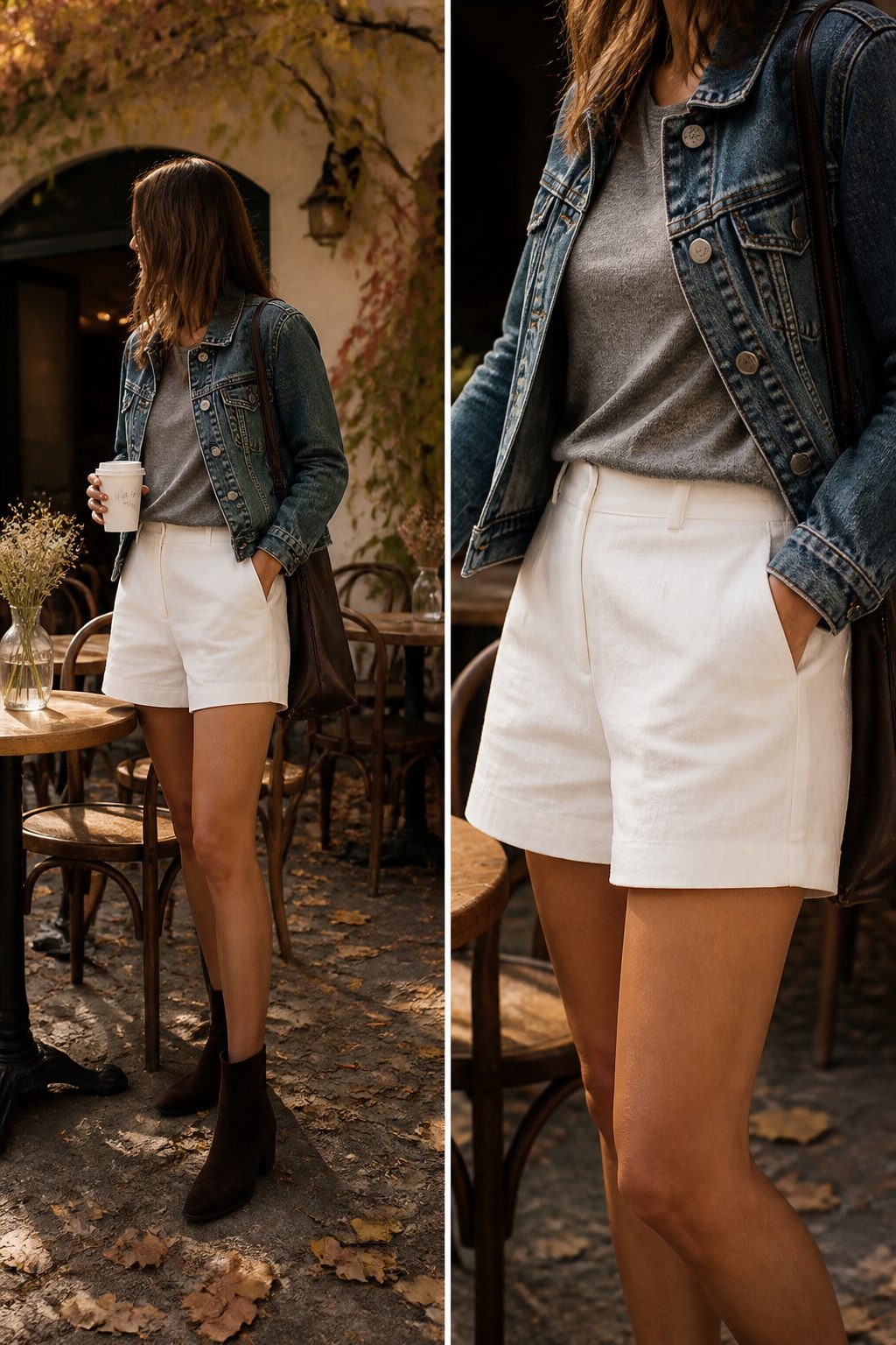 How to Style White Shorts: 6 Outfit Ideas for Any Occasion 8 White shorts styled for early fall with layered clothing.