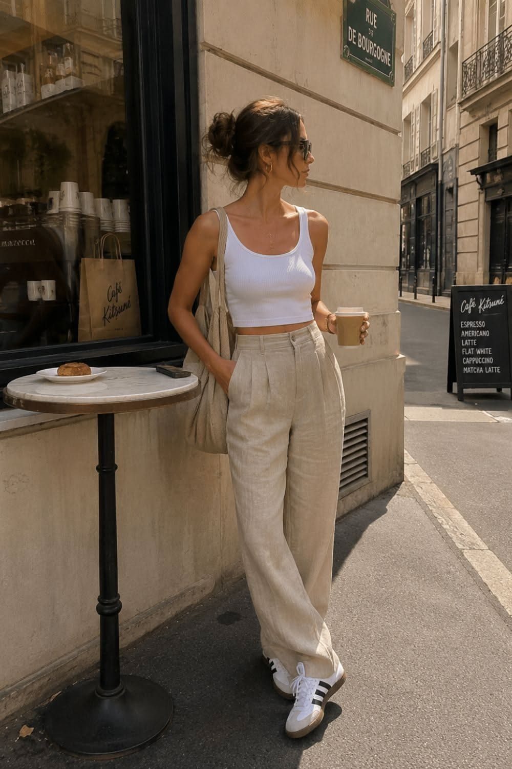 Woman wearing high-waisted beige linen pants and a white tank top standing on a city street.