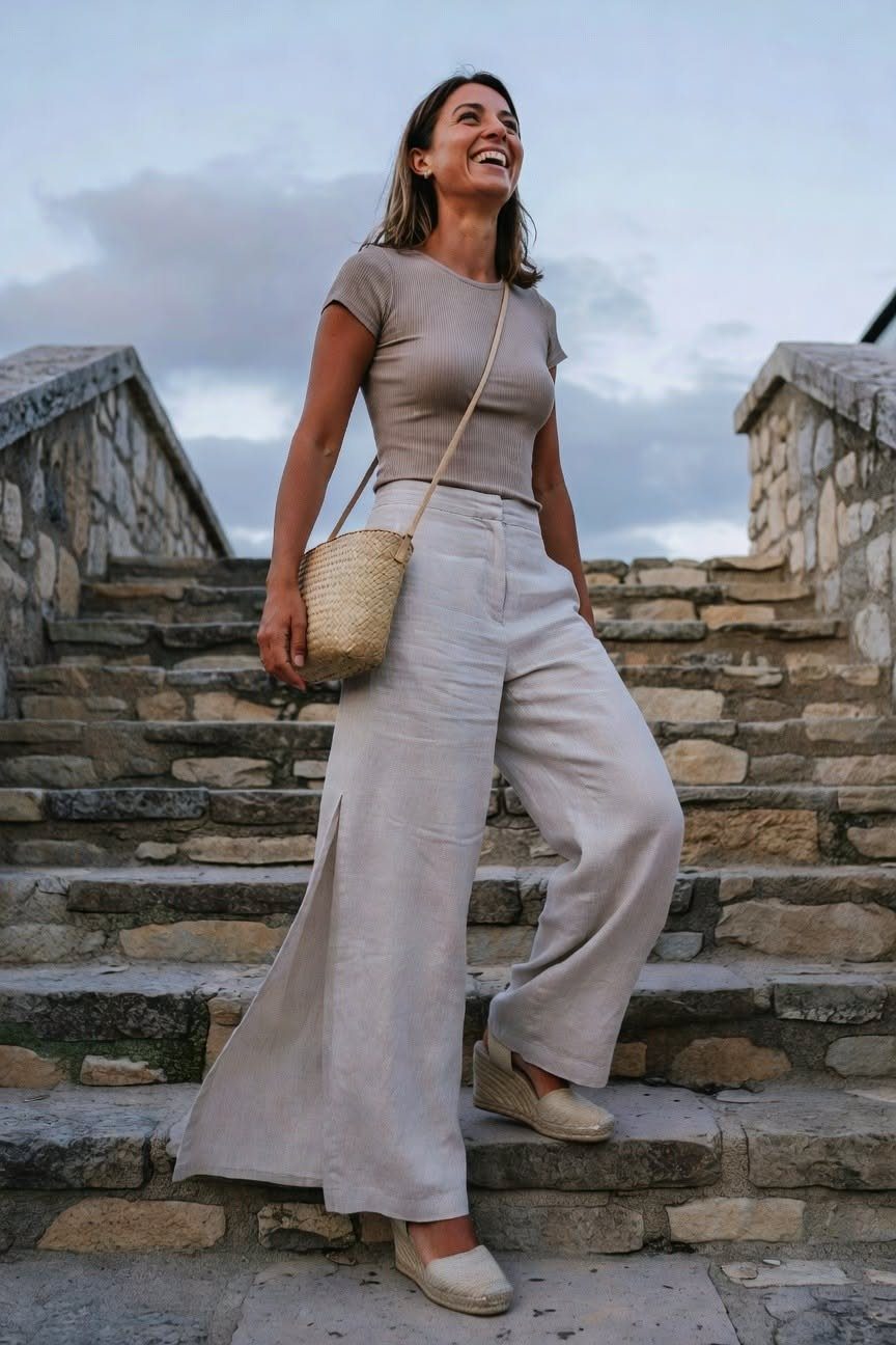 Smiling woman in beige linen pants and espadrilles standing on stone stairs outdoors.