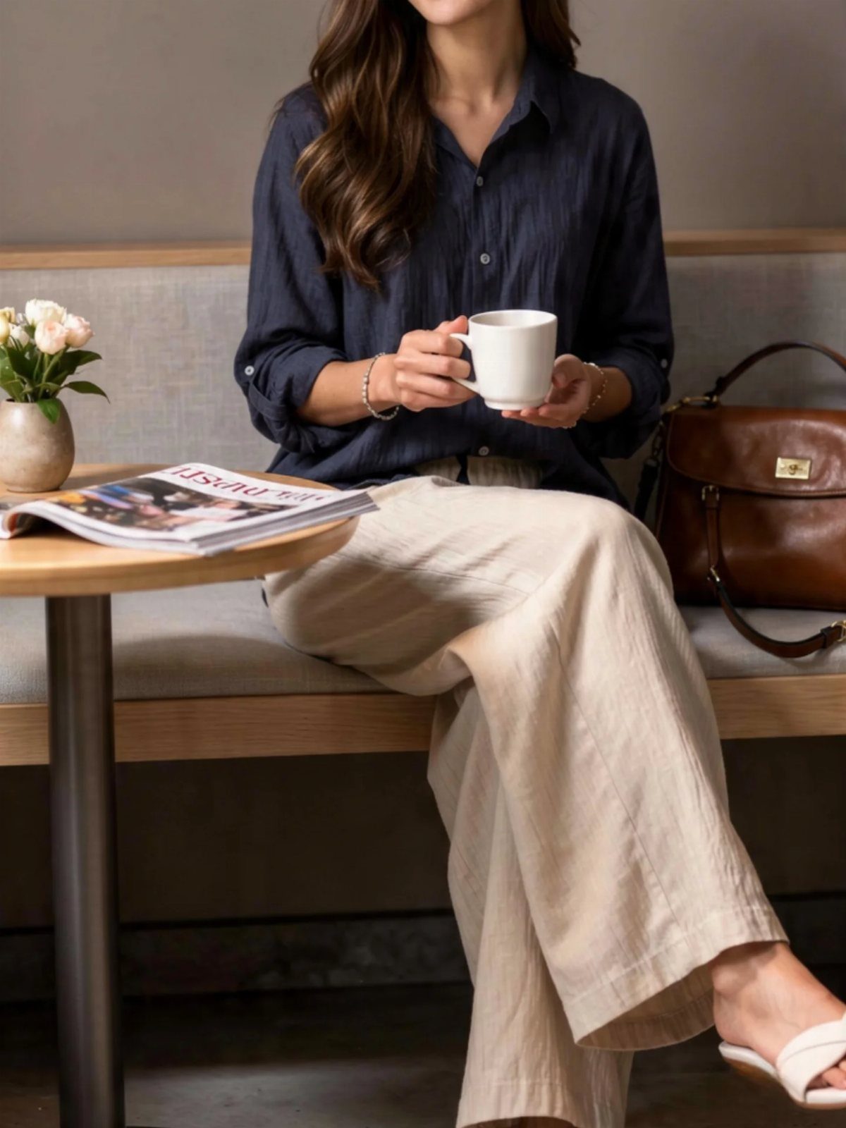 Woman wearing beige wide-leg linen pants and a navy shirt sitting on a bench.