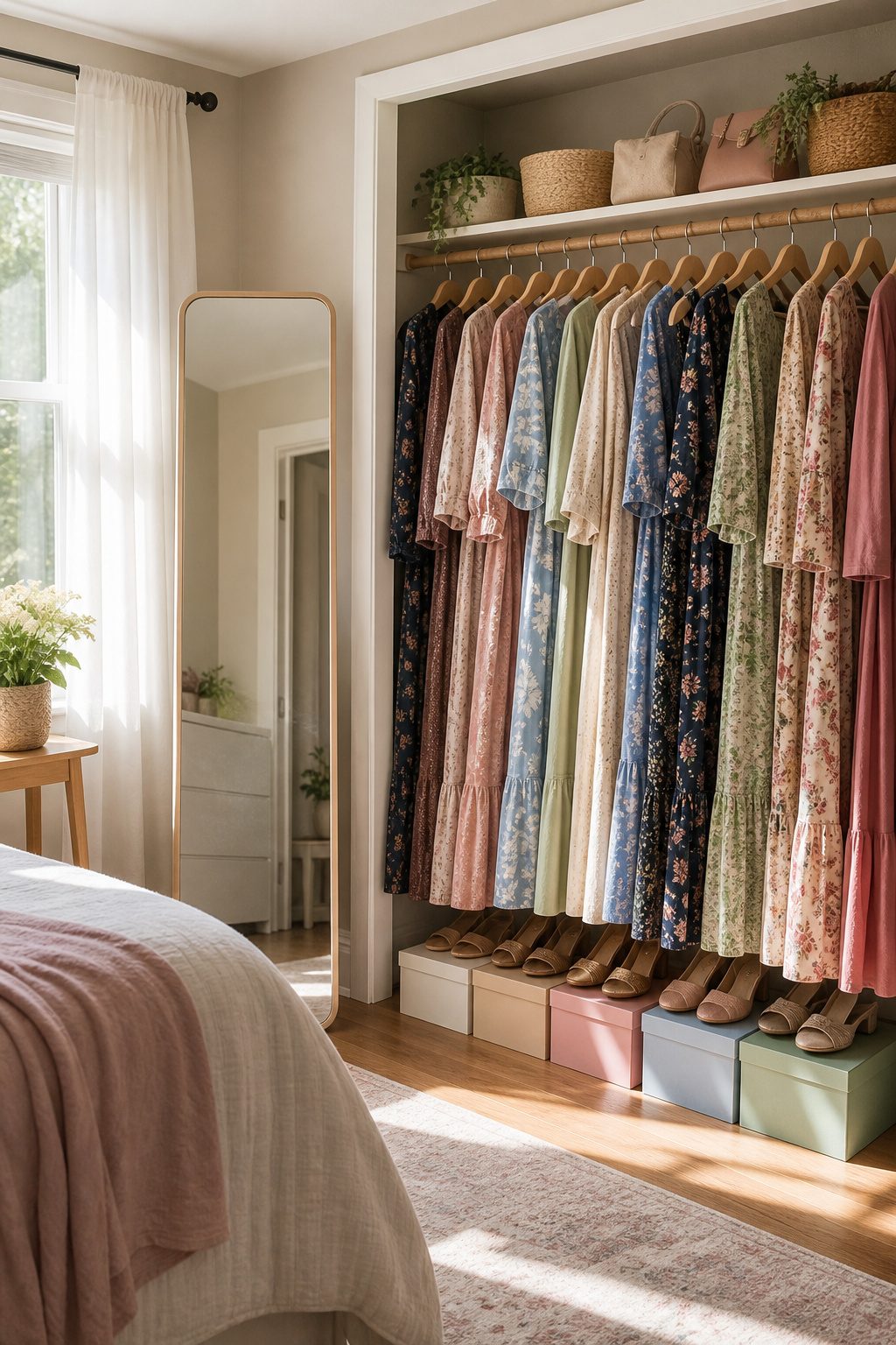 A well-organized display of various fabric swatches for maxi dresses.