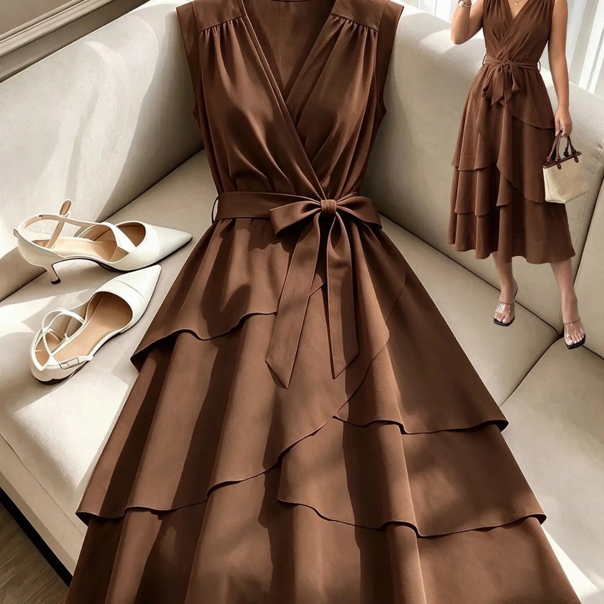 Outfit for Vacation: 13 Ideas for Every Island Moment 7 Brown tiered midi dress with a waist tie and white heels on a white sofa.