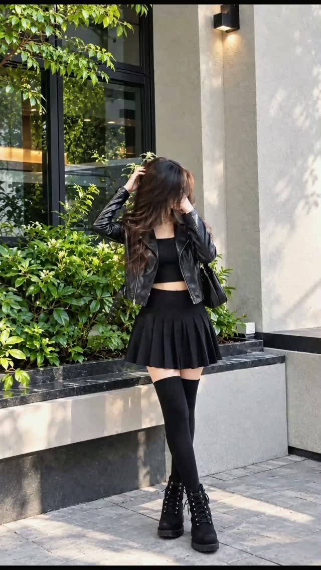 Person in black leather jacket and pleated mini skirt wearing black combat boots.