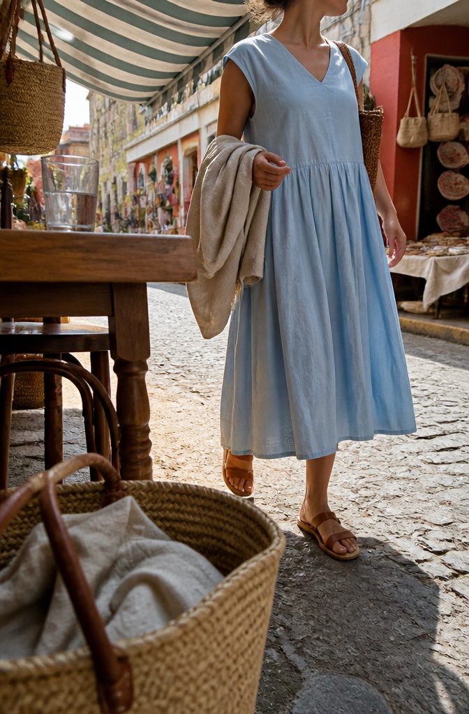 Traveler wearing a casual dress for daytime sightseeing in Mexico