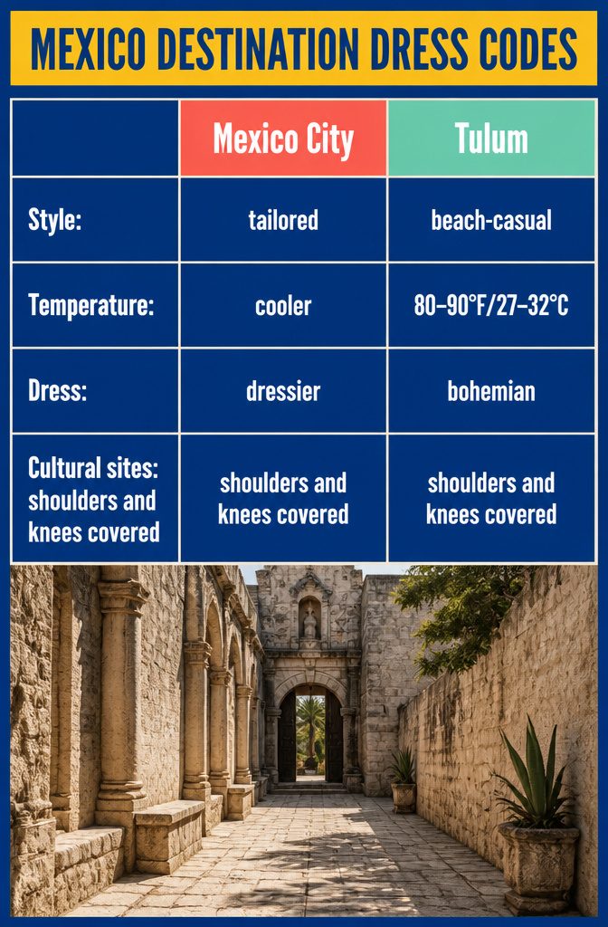 Mexico Destination Dress Codes infographic for city beach and resort outfits