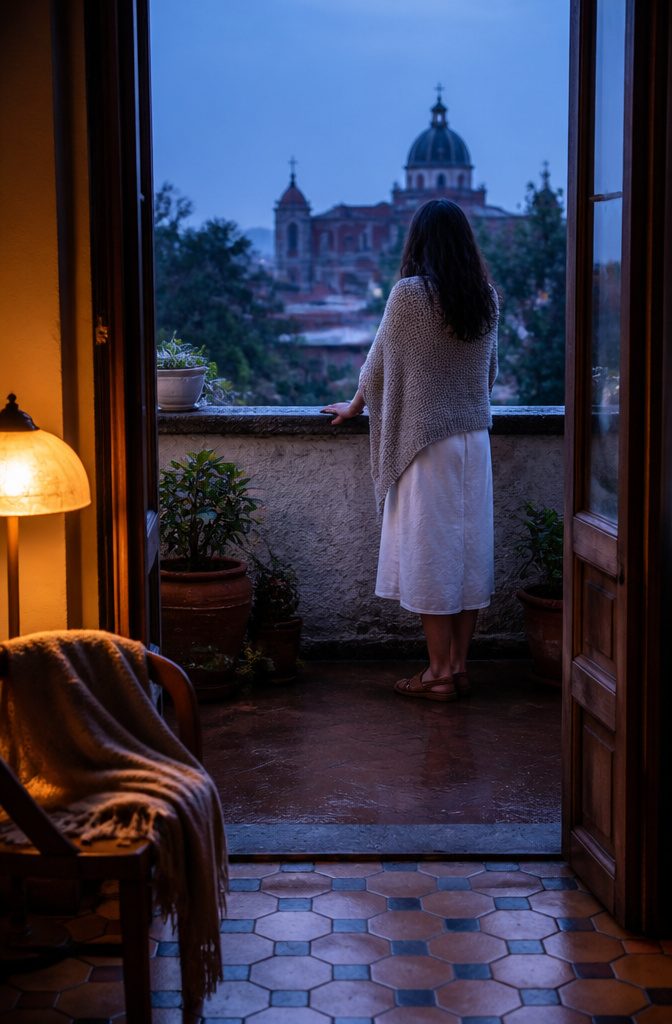 Traveler wearing a cardigan over a dress beside a stone courtyard railing