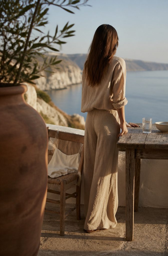 Sand-colored linen shirt and wide-leg trousers beside a folded ivory camisole