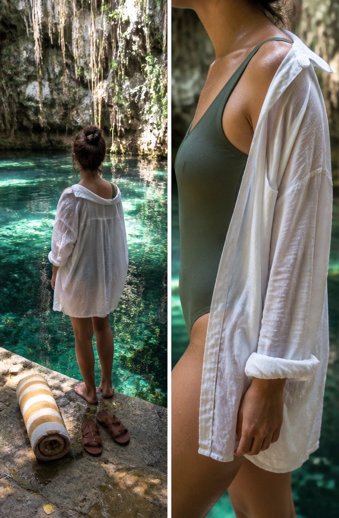 Swimwear with a cotton voile beach shirt or sleeveless maxi cover-up