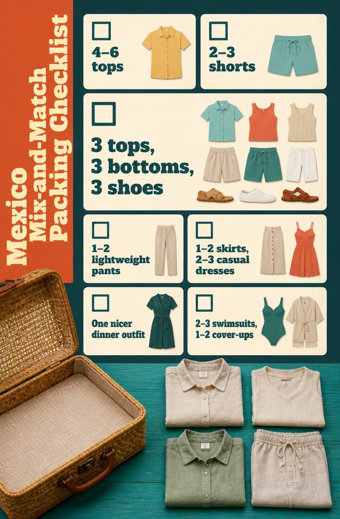 Mexico Mix-and-Match Packing Checklist infographic with coordinated clothing pieces