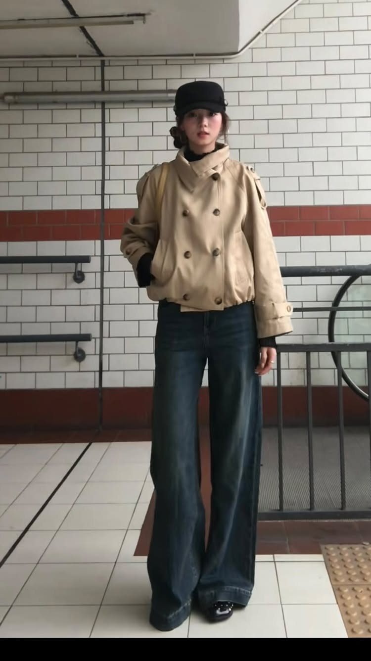 11 Outfits for Teens: Street to Semiformal Style Ideas 8 Young woman wearing a beige cropped trench coat and wide-leg blue denim jeans in a subway.