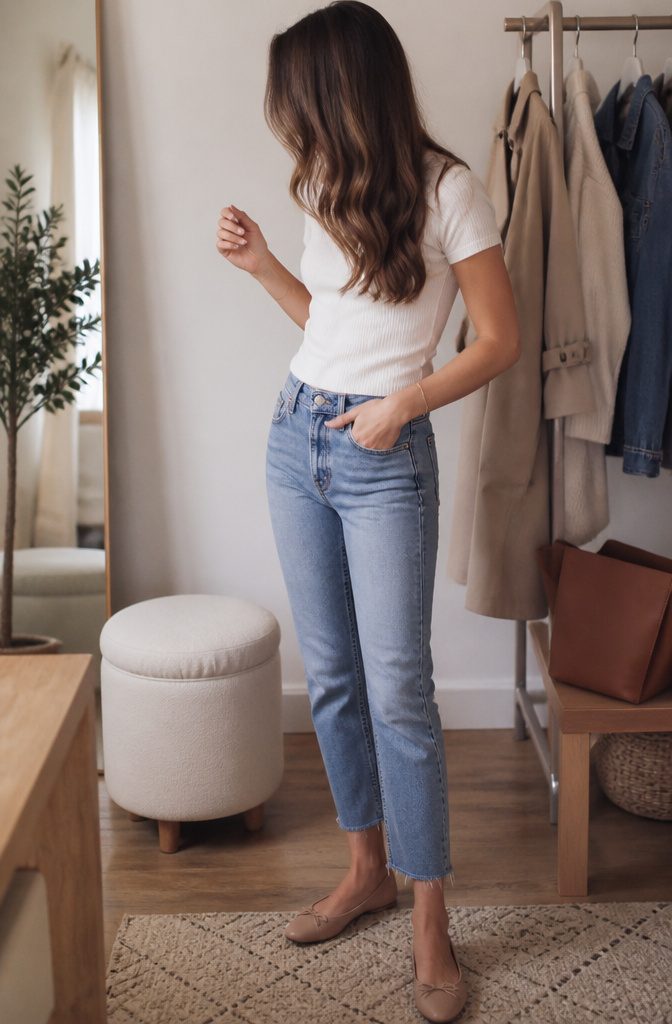 Petite woman wearing Abercrombie jeans in a short length