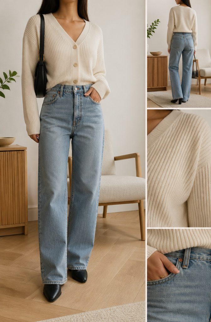 Petite woman wearing an ASOS outfit with a current silhouette