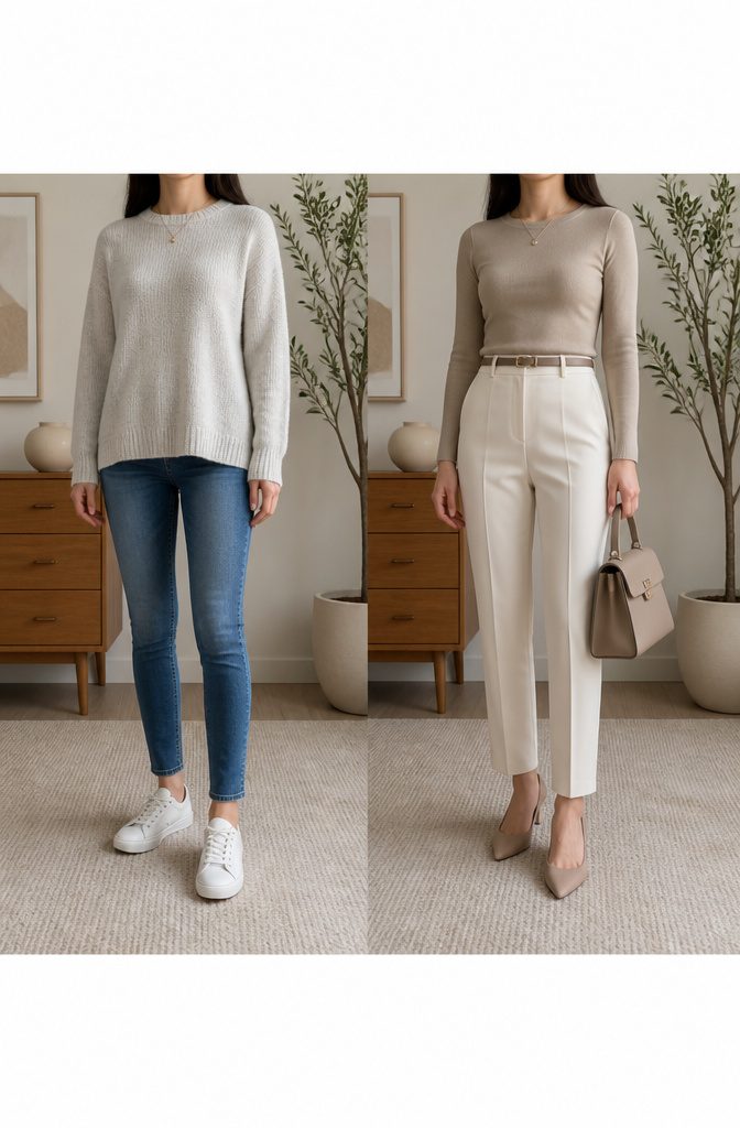 Petite woman wearing cropped trousers that reach full length
