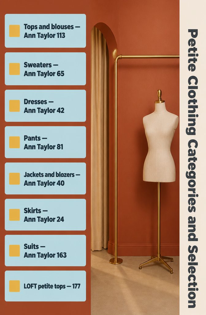 Fashion information graphic listing petite clothing categories and selection