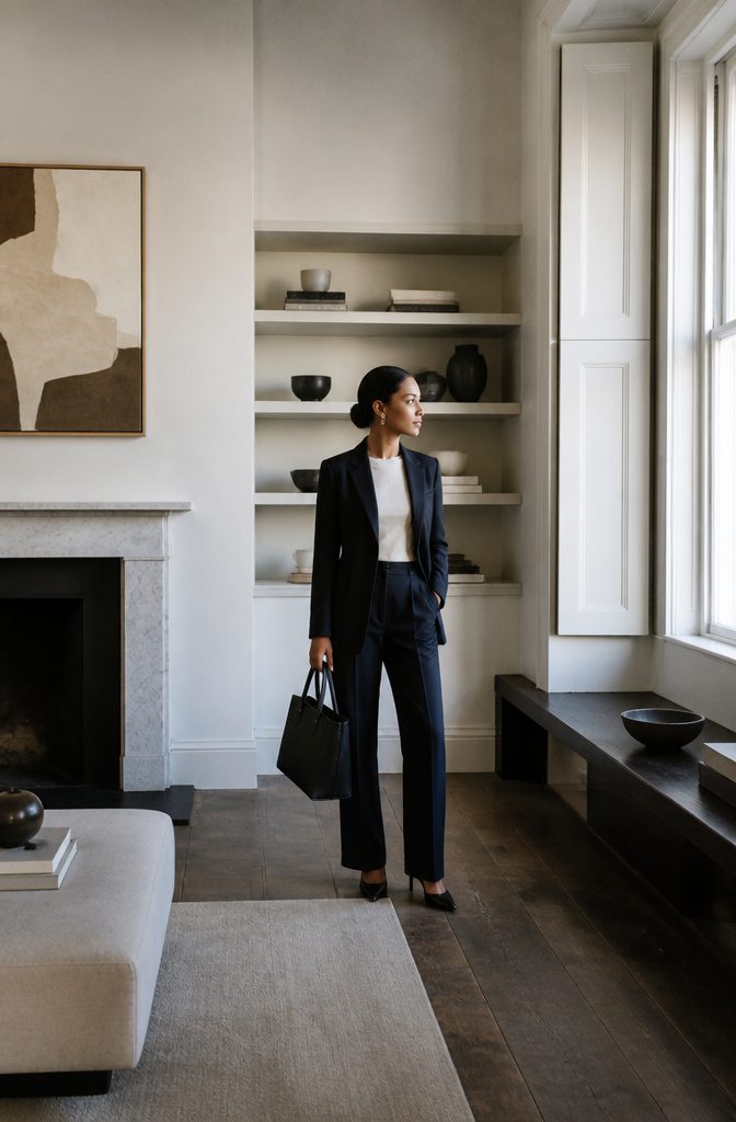 Petite woman wearing a Reiss blazer and tailored trousers