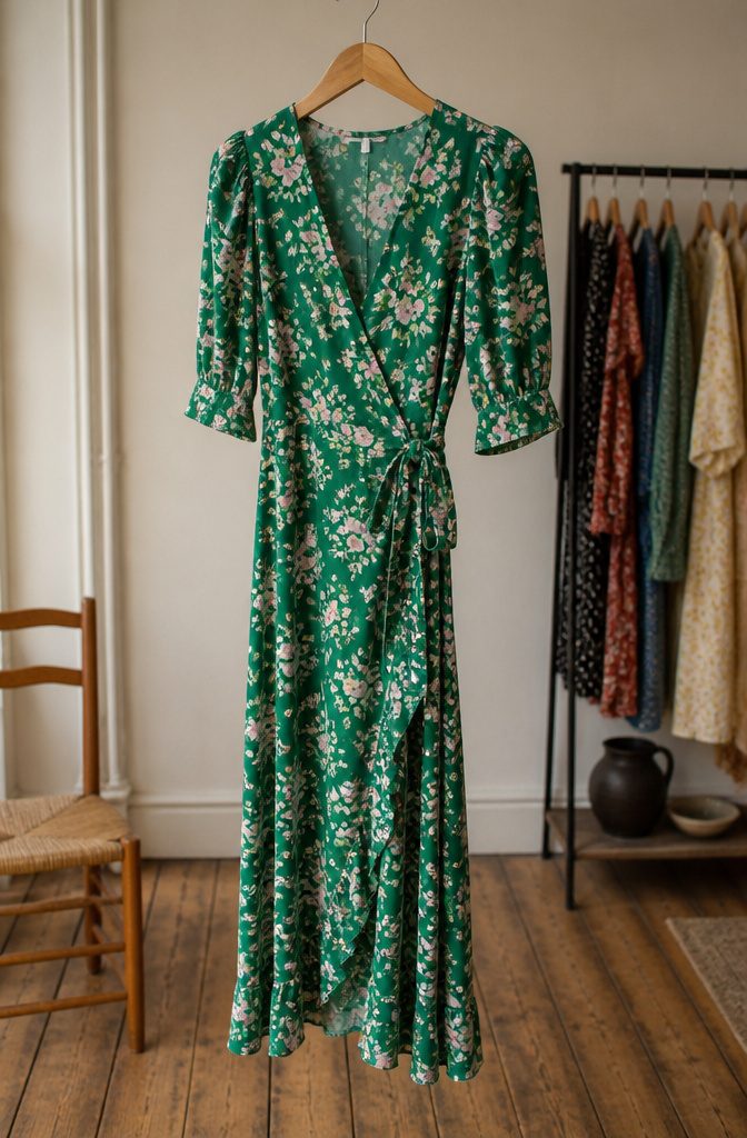Petite woman wearing a Rixo dress with refined proportions