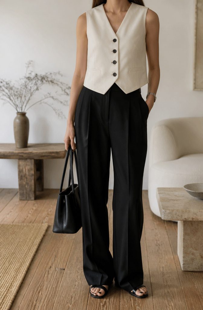 Petite woman wearing tailored everyday clothing with denim and a dress