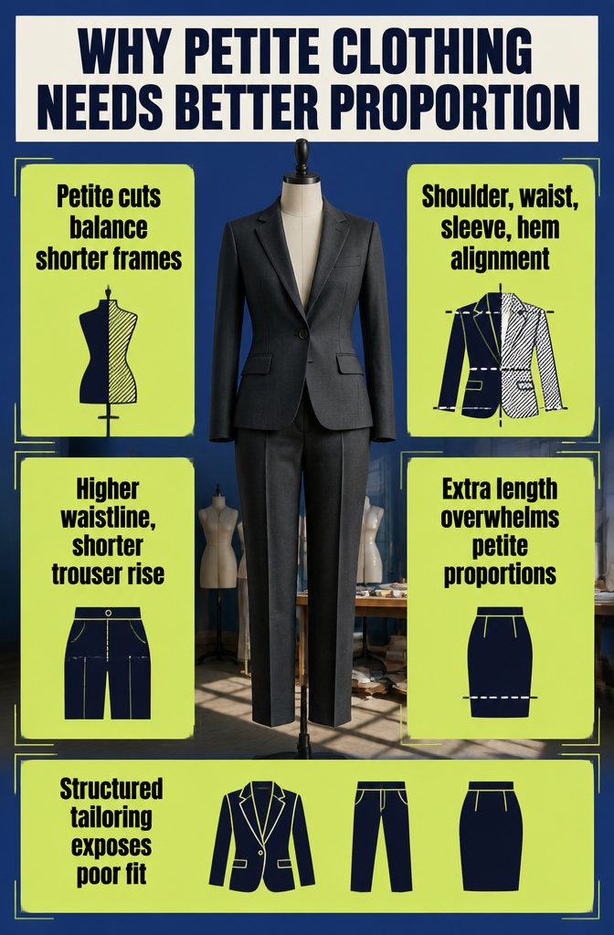 Fashion information graphic about petite clothing proportions and fit