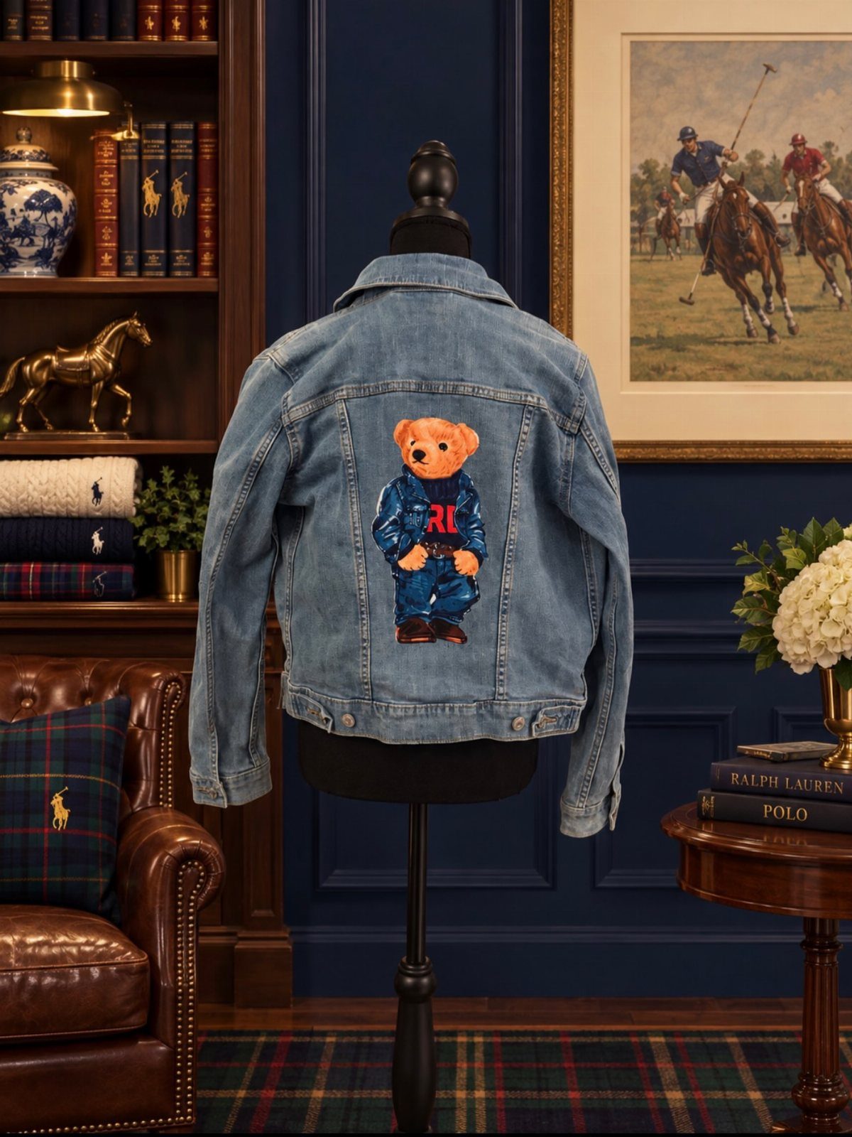 Blue denim jacket with an embroidered bear on the back displayed on a mannequin.
