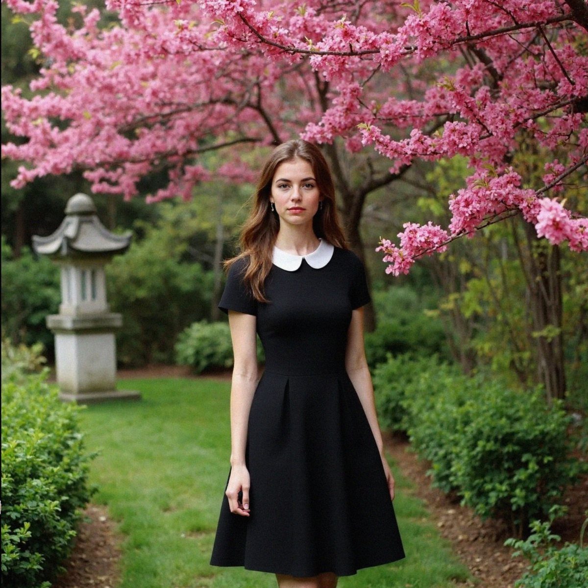 15 Preppy Summer Outfits to Wear All Season Long 15 Woman wearing a black dress with a white collar in a cherry blossom garden.