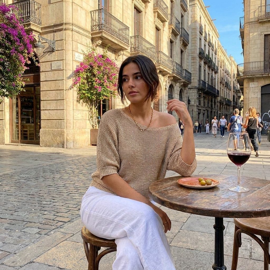 15 Preppy Summer Outfits to Wear All Season Long 14 Woman wearing a beige light knit top and white pants at an outdoor cafe.