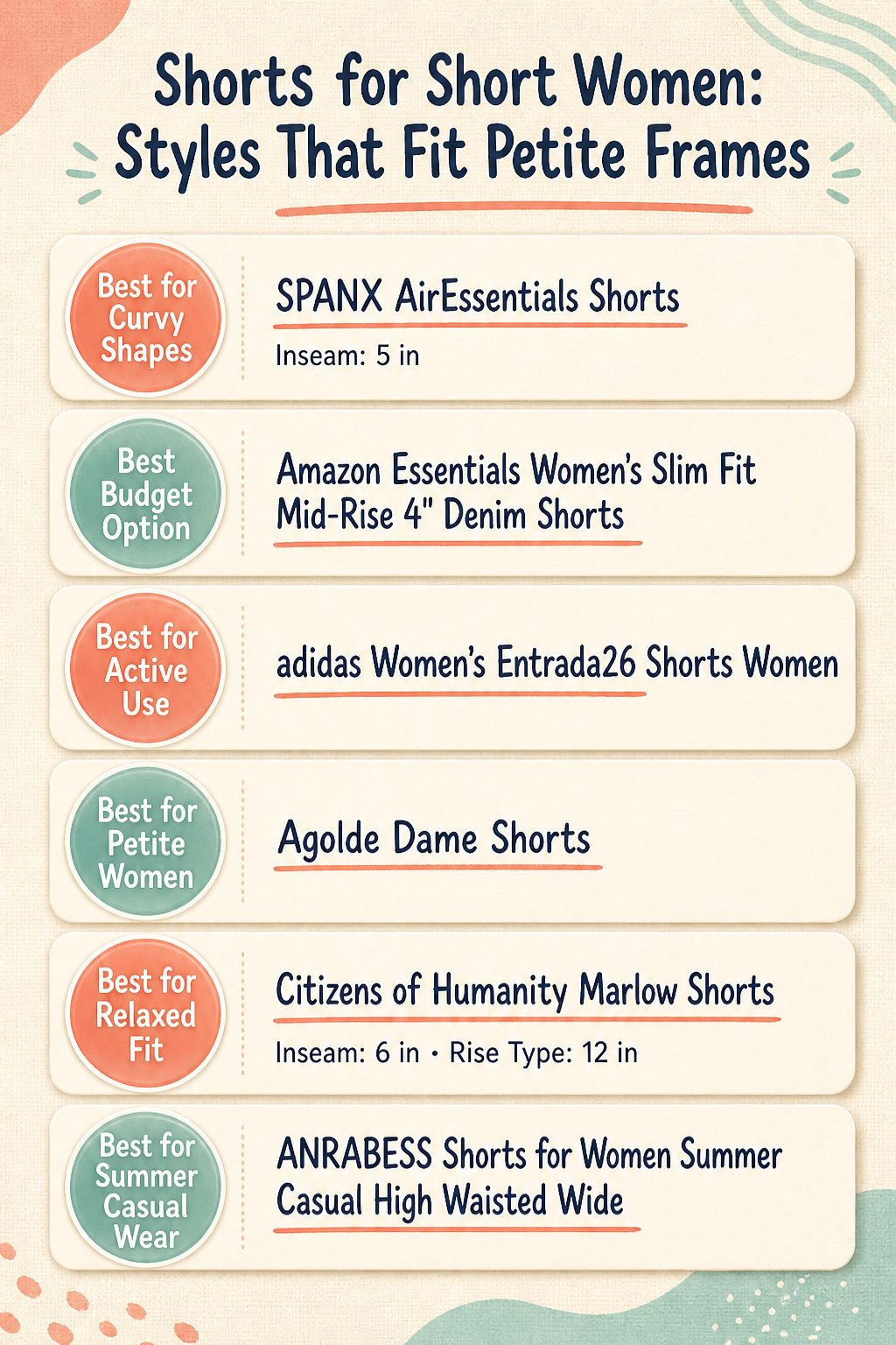 Shorts for Short Women: 7 Styles That Fit Petite Frames 6 An infographic comparing different styles of shorts for petite women.